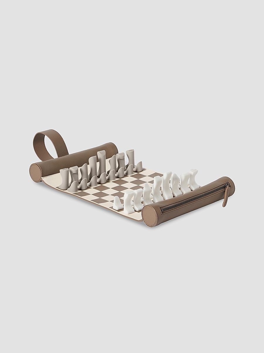 Calfskin and Krion Portable Chess Set - Milk