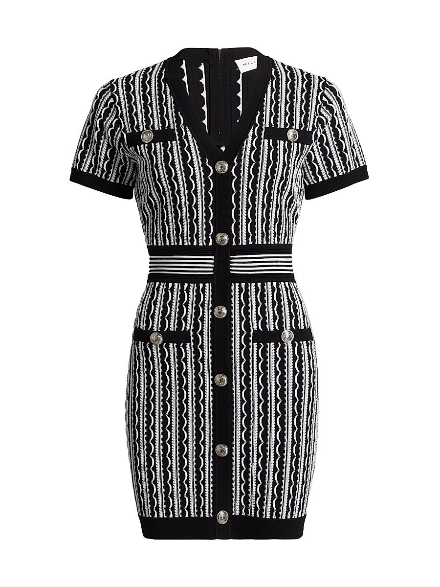 Women's Scallop Textured V-Neck Knit Minidress - Black Multi - Size Large