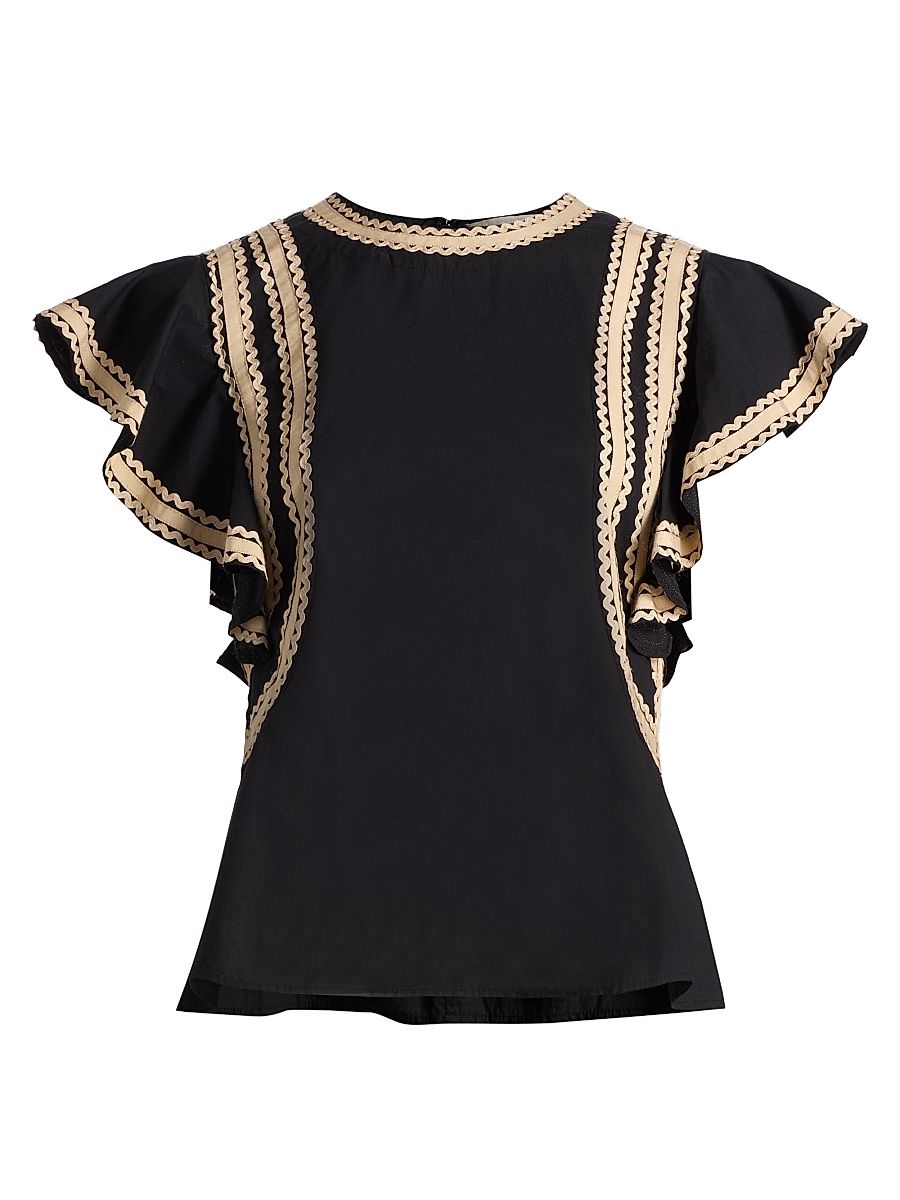 Women's Anora Scalloped-Trim Cotton Top - Noir - Size 16