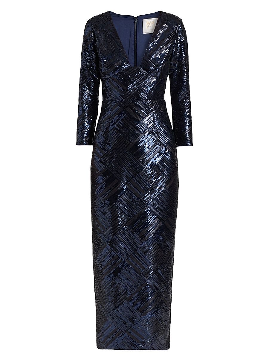 Women's Jenna Sequined Plunging V-Neck Gown - Navy Black - Size 12