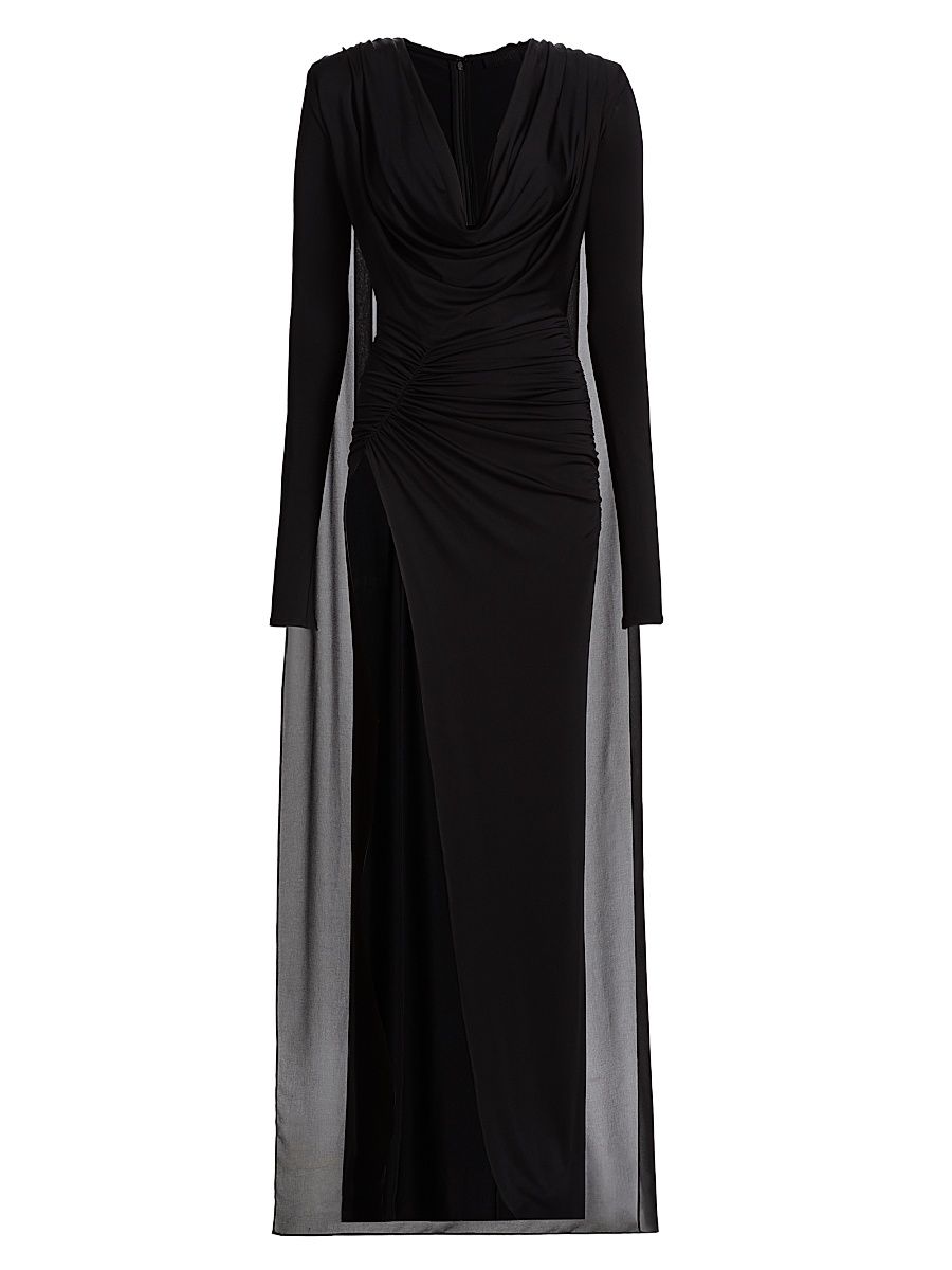 Women's Georgette Cape Slit Gown - Black - Size Large