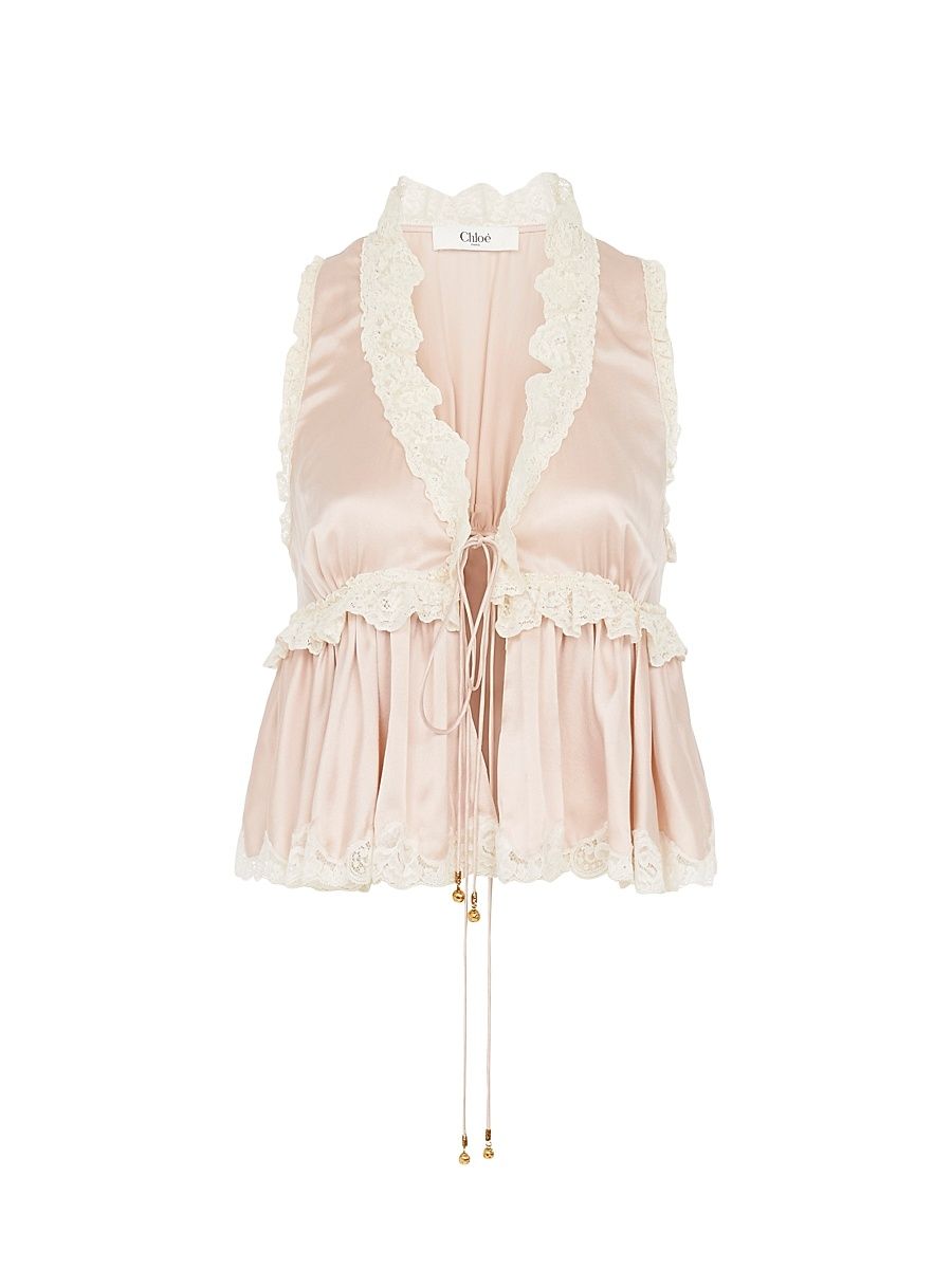 Women's Satin Silk Lace-Trimmed Tie Top - Rose Dust - Size 4