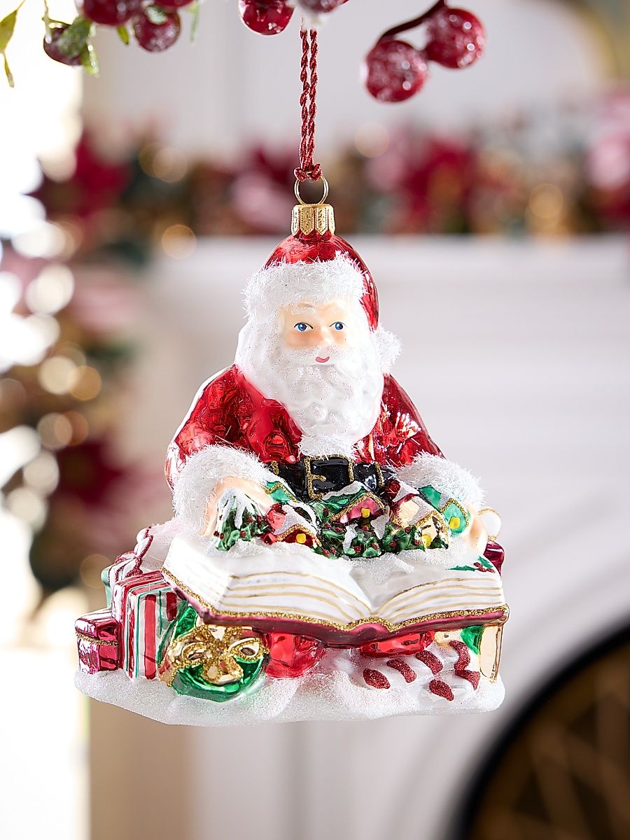 Santa With Book Glass Ornament