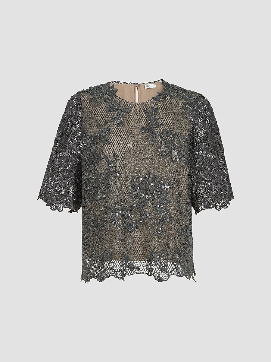 Women's Dazzling Lace Embroidery T-Shirt - Dark Grey - Size XS