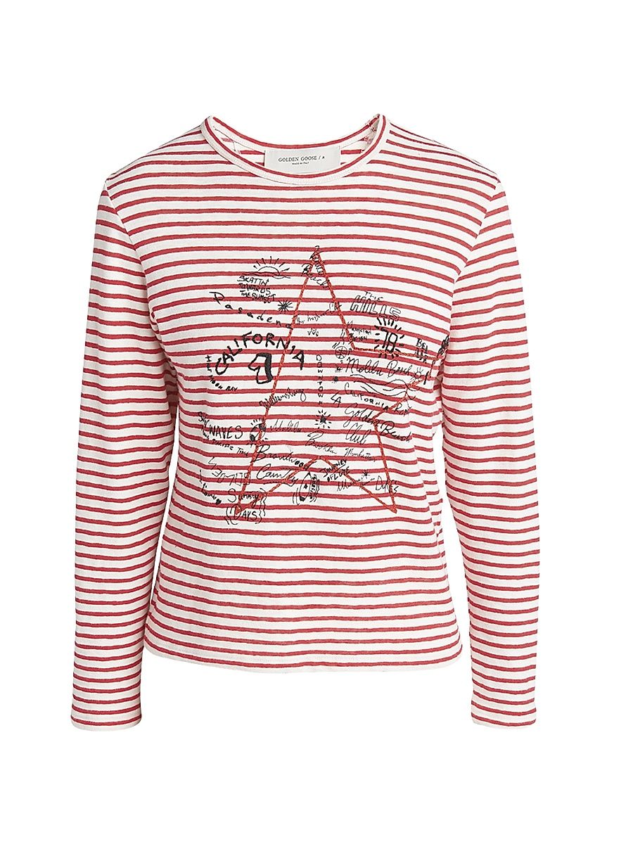 Women's Golden Striped Embroidered Long-Sleeve T-Shirt - White Red - Size XXS
