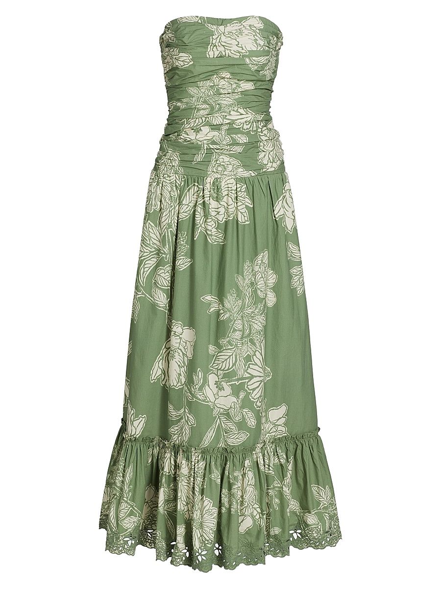 Women's Floral Cotton Off-The-Shoulder Maxi Dress - Green - Size Large
