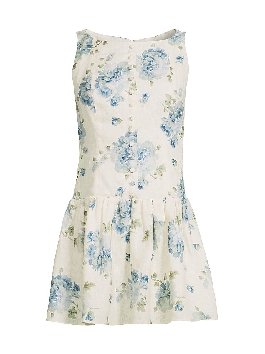 Women's Blair Floral Linen Minidress - Cecile Floral Pale Blue - Size Large
