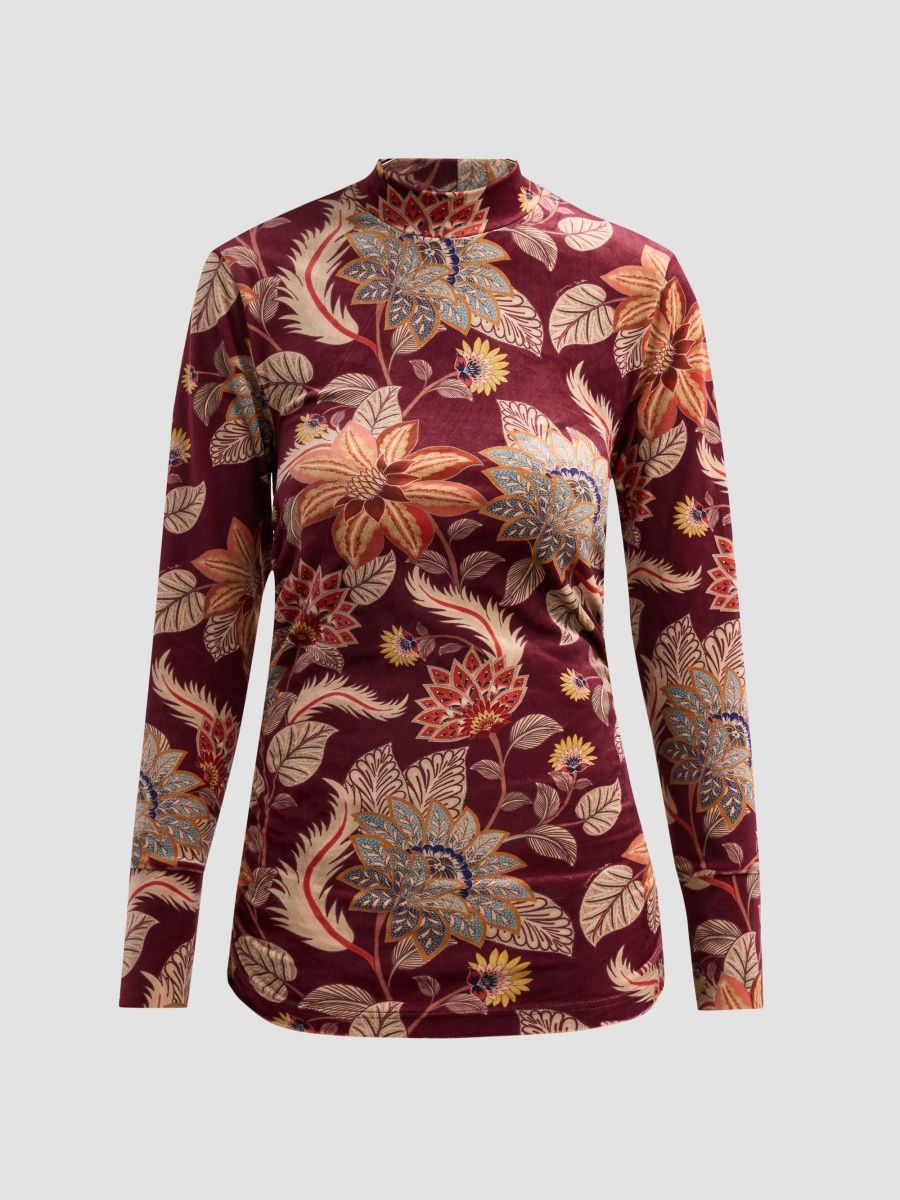 Farm Rio Women's Delhi Floral Velvet Top - Dark Red - Size XL