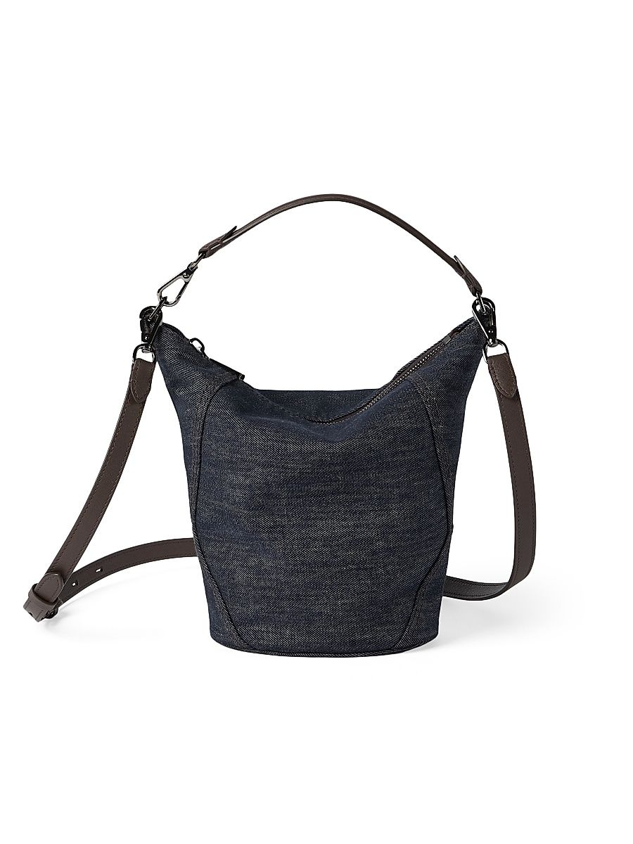 Women's Duo Small Bucket Bag in Cotton Denim Effect Twill with Monili - Blue