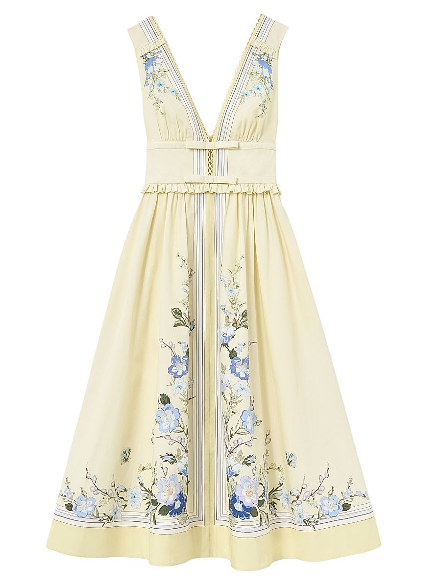 Women's Floral Cotton Ruffle Midi Dress - Yellow - Size 12