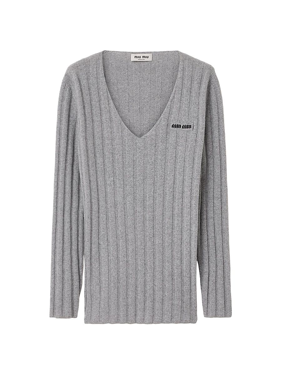 Women's Wool and Cashmere V-Neck Sweater - Grey - Size 8