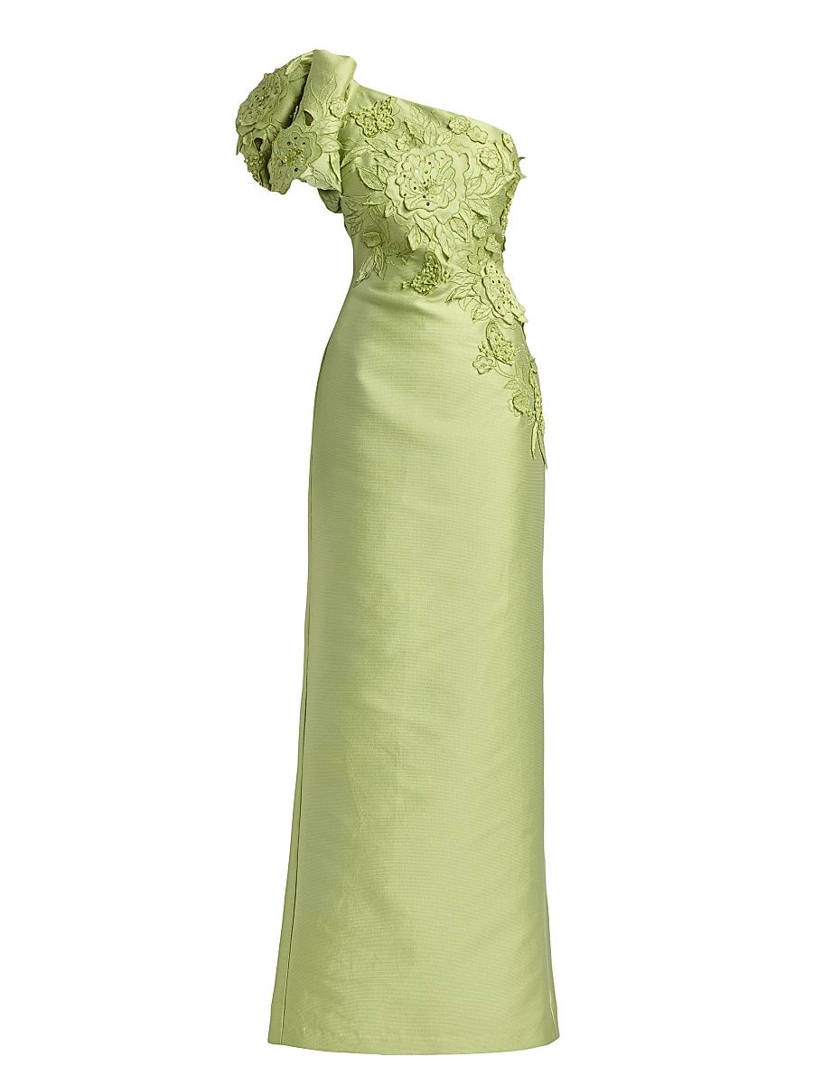 Women's Floral Appliqué One-Shoulder Gown - Lime - Size 16
