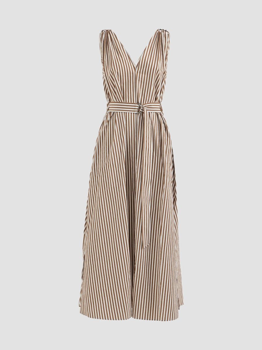 Brunello Cucinelli Women's Striped Wrinkled Poplin Dress with Monili - Beige - Size Small