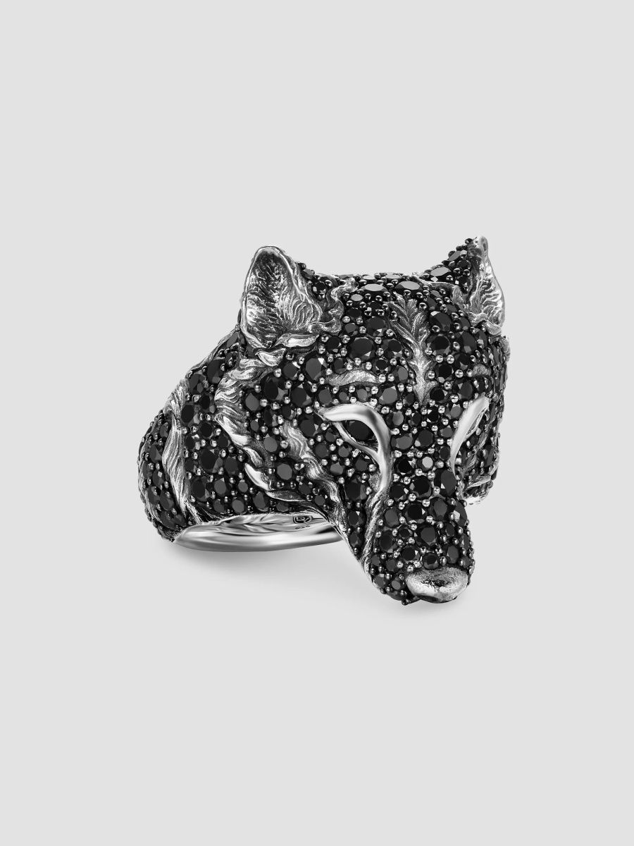 David Yurman Men's Petrvs Wolf Signet Ring in Sterling Silver - Black Diamond - Size 9.5