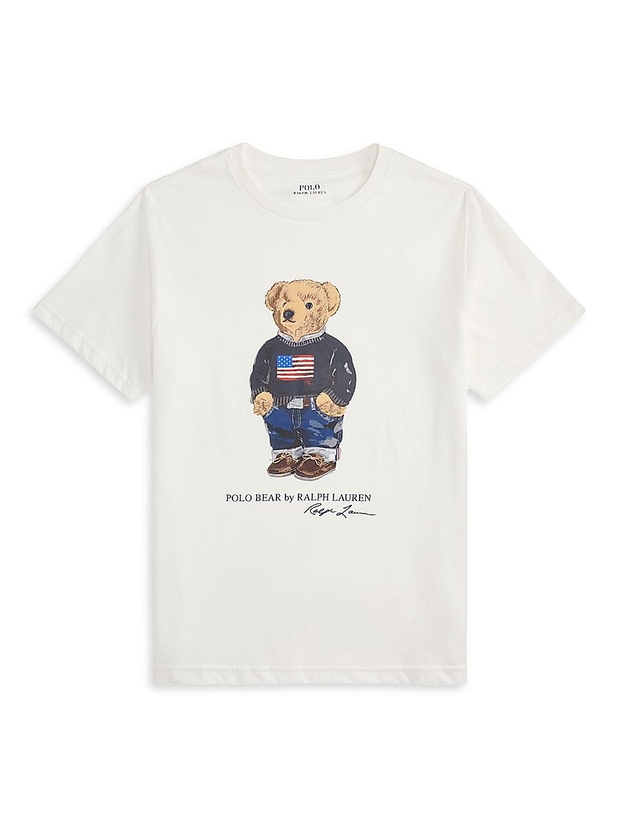 Little Girl's & Girl's Polo Bear American Flag T-Shirt - White - Size 7