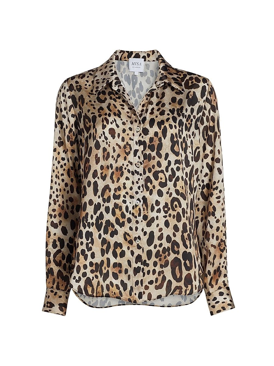 Women's Celine Leopard-Print Satin Shirt - Leopard Print - Size Large