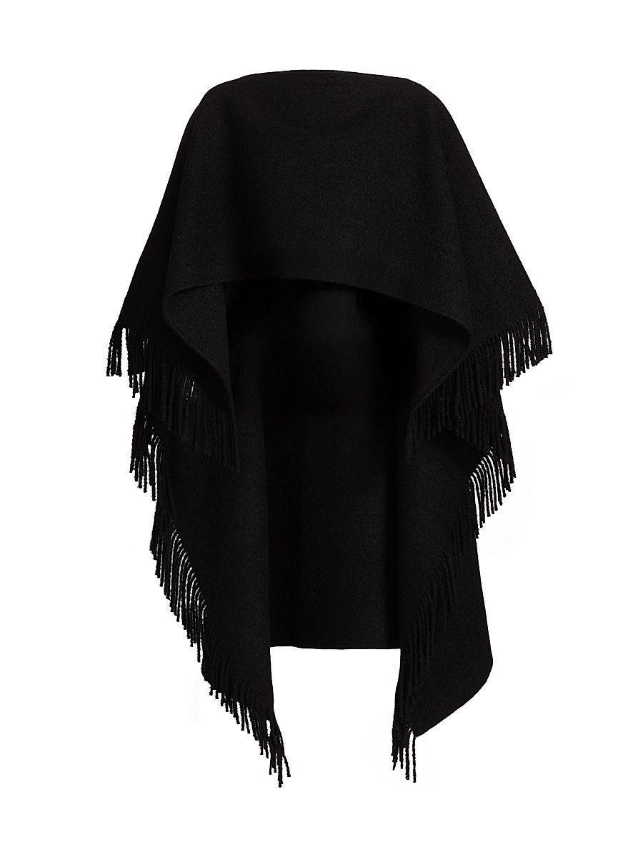 Women's Fringed Wool-Blend Poncho - Black
