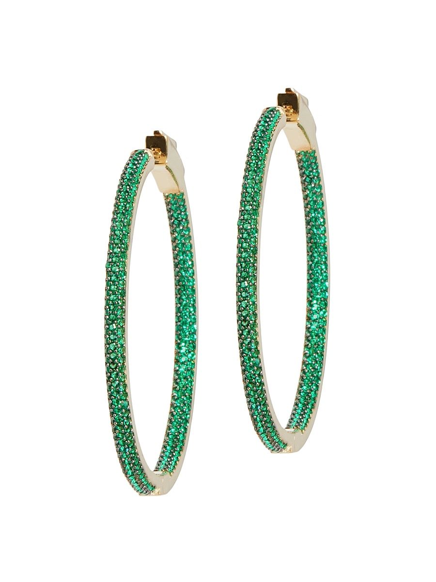 Women's Classic Hoops Slim Tire 14K Gold Vermeil & Crystal Earrings - Emerald