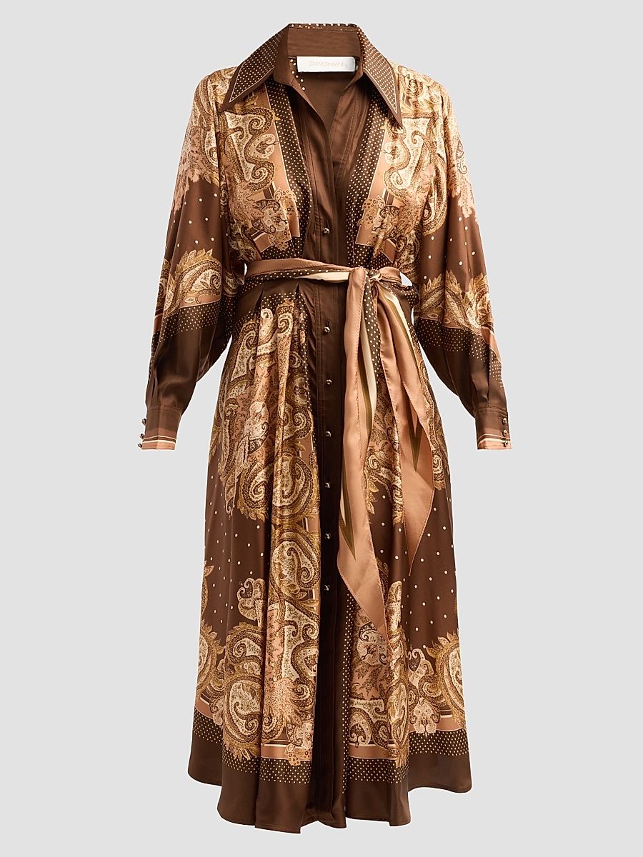 Women's Luna Silk Midi Shirtdress - Caramel Paisley - Size 8