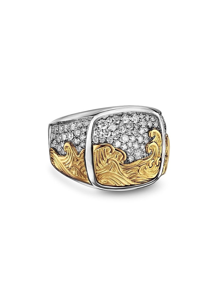 Men's Waves Signet Ring in Sterling Silver - Diamond - Size 10