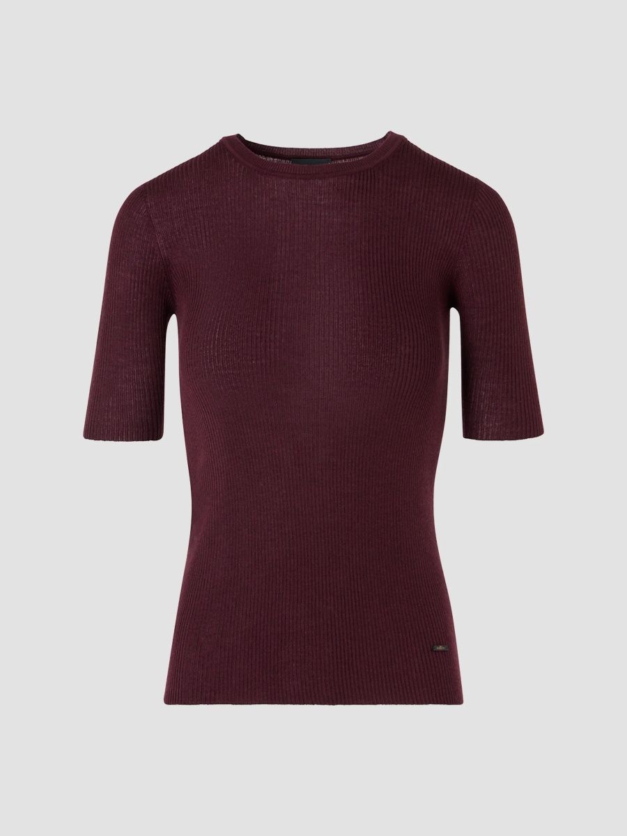 Akris Women's Silk-Cotton Seamless Rib-Knit Crewneck Sweater - Merlot - Size 2