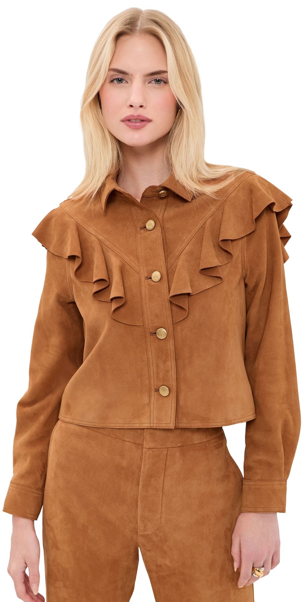 Ulla Johnson Matilde Ruffle Suede Jacket Cognac S