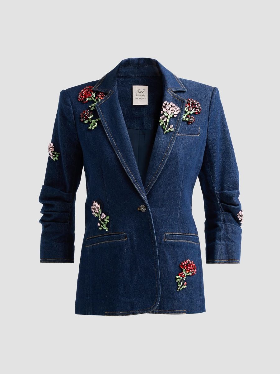 Women's Khloe Rhinestone-Embellished Cotton-Blend Denim Blazer - Neptune Multi - Size 14