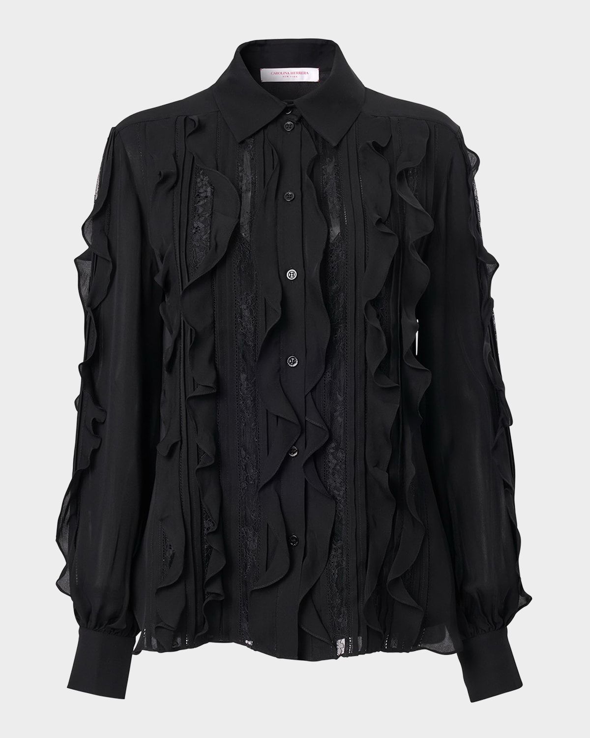 Ruffle Lace-Embroidered Silk Blouse