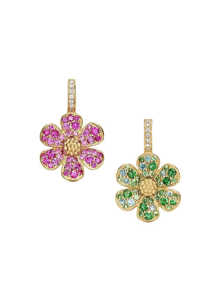 Women's 18K Yellow Gold & Multi-Gemstone Mismatched Flower Drop Earrings - Yellow Gold