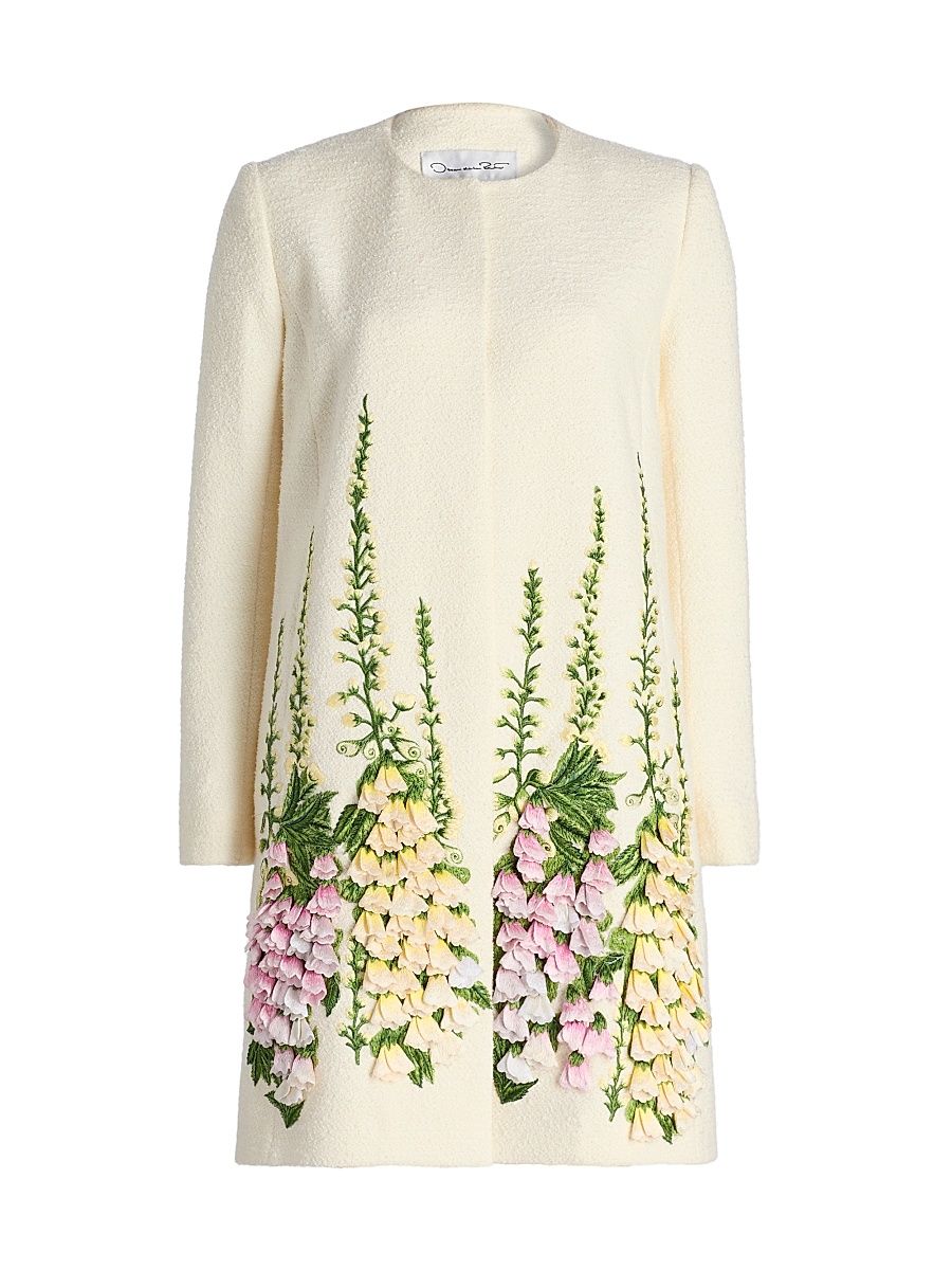 Women's Foxglove-Embroidered Tweed Coat - Ivory - Size 8