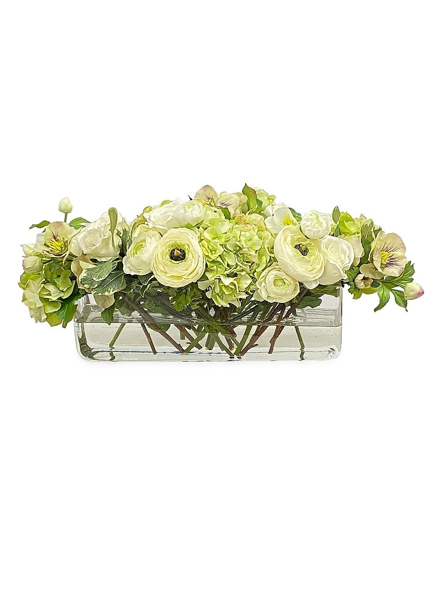 Faux Ranunculus Rose Floral Arrangement - Green White