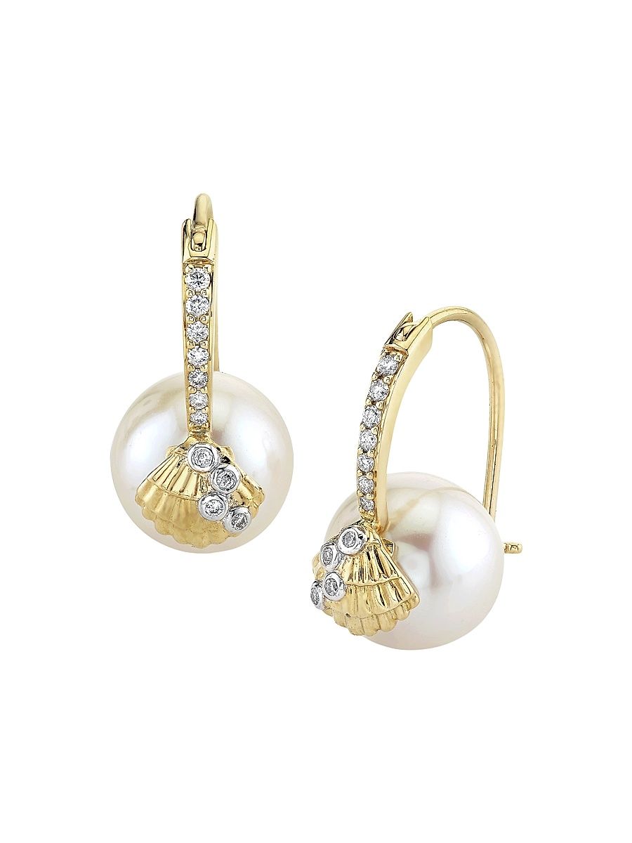 Women's Under The Sea 14K Yellow Gold, Freshwater Pearl & 0.15 TCW Diamond Earrings - Fresh Water Pearl