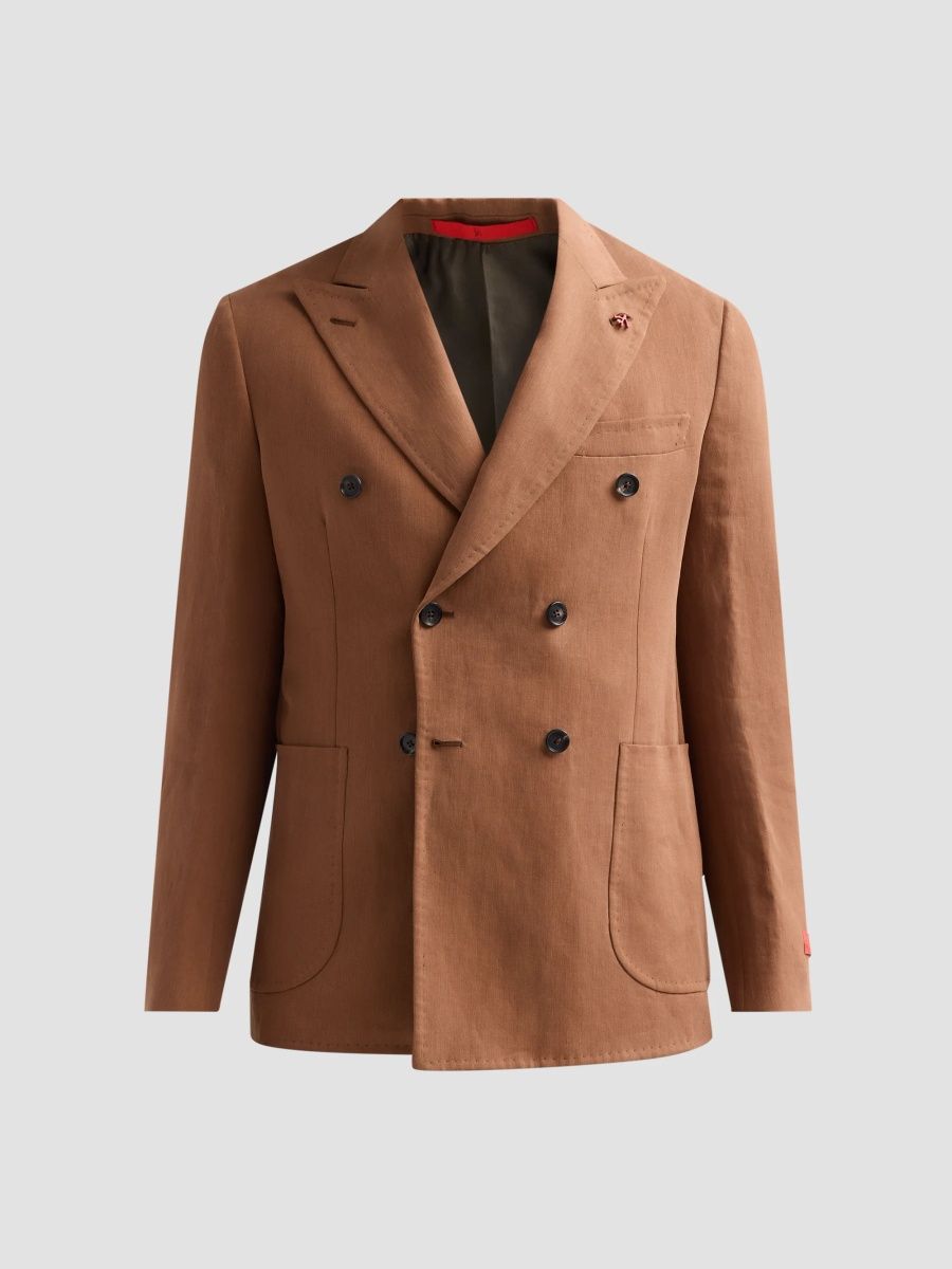 Isaia Men's Linen Double-Breasted Blazer - Brown - Size 48