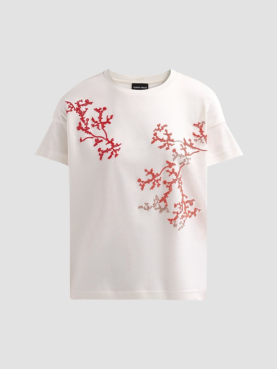 Women's Embroidered Silk-Cotton T-Shirt - Solid White - Size 14