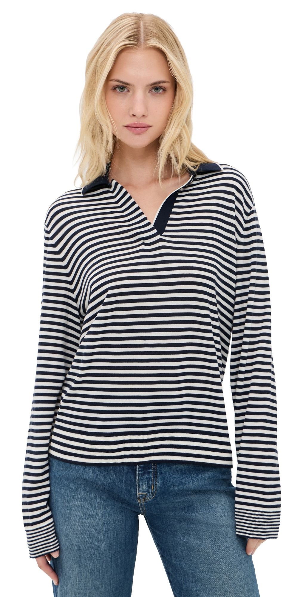 Theory Striped Long Sleeve Polo Deep Navy/New Ivory M