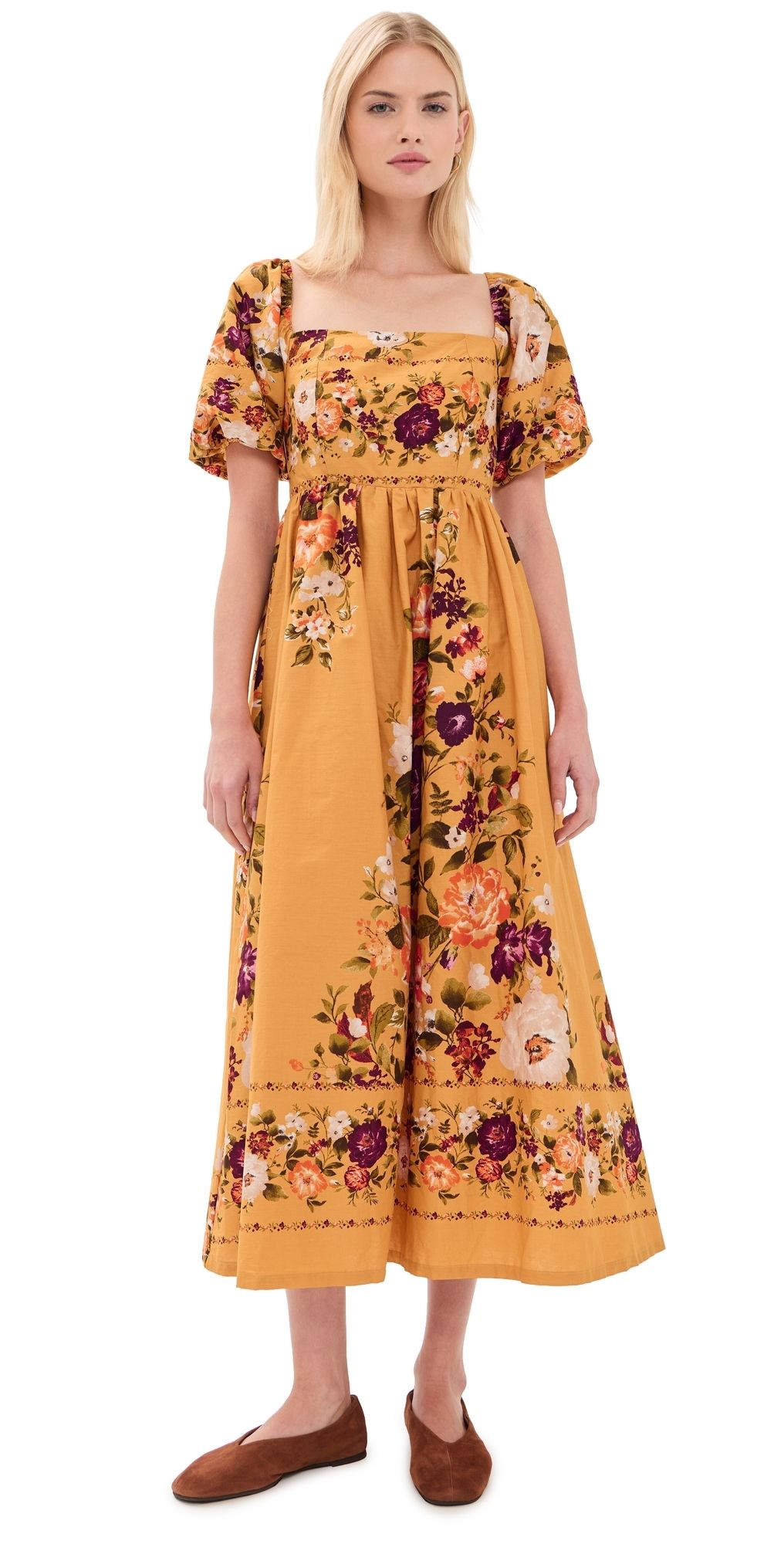 Moon River Puff Sleeve Square Neck Midi Dress Mustard Multi XS