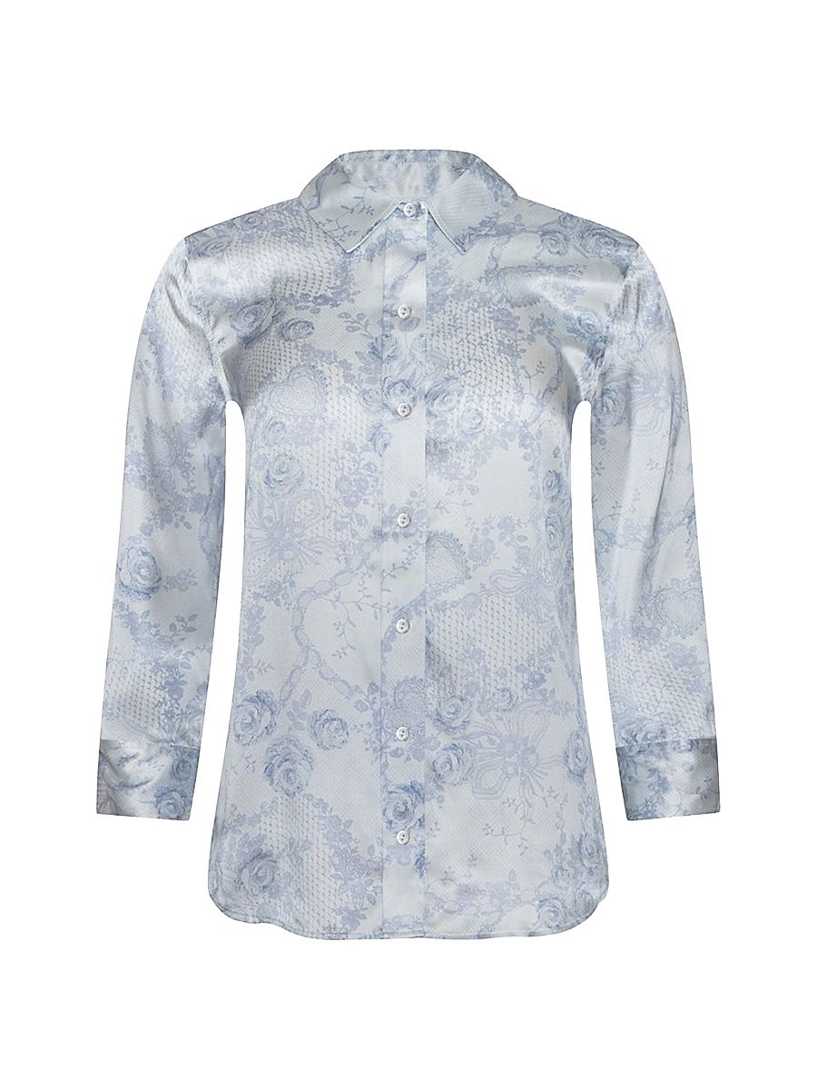 Women's Dani Floral Lace Button-Front Blouse - Ivory Mist Blue Lace Print - Size XS
