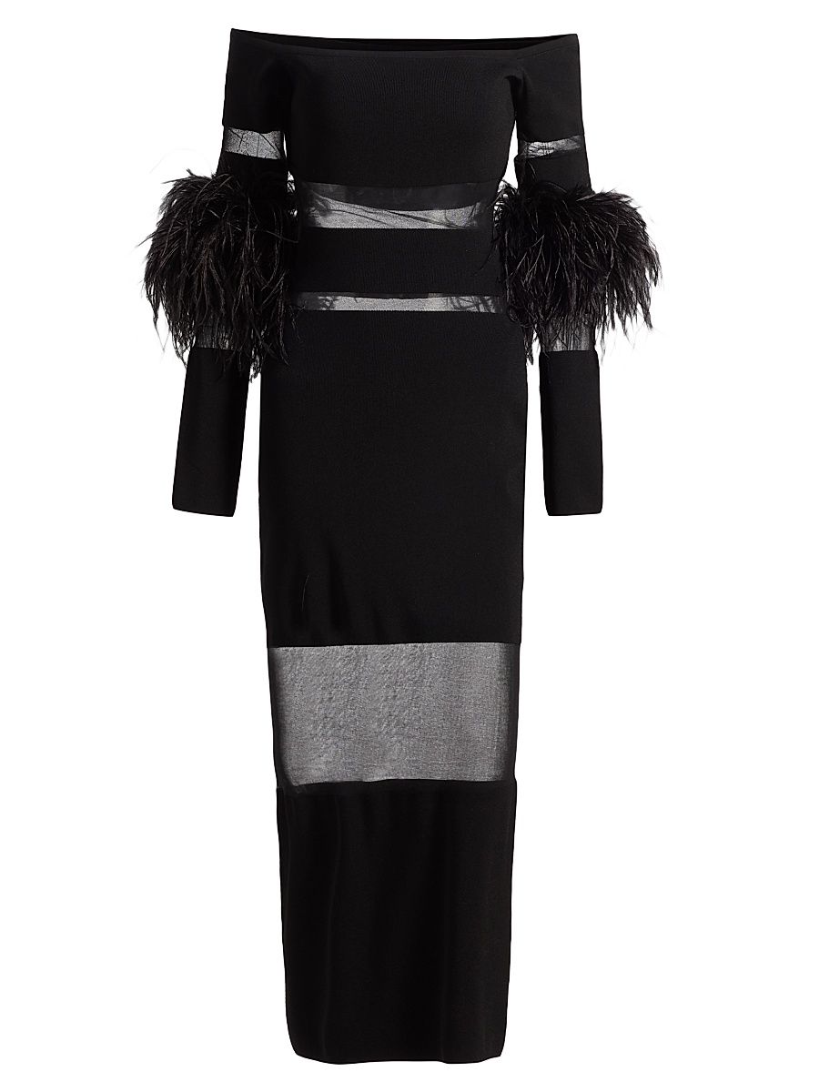 Women's Mesh Knit Feather-Trimmed Maxi Dress - Black - Size XL