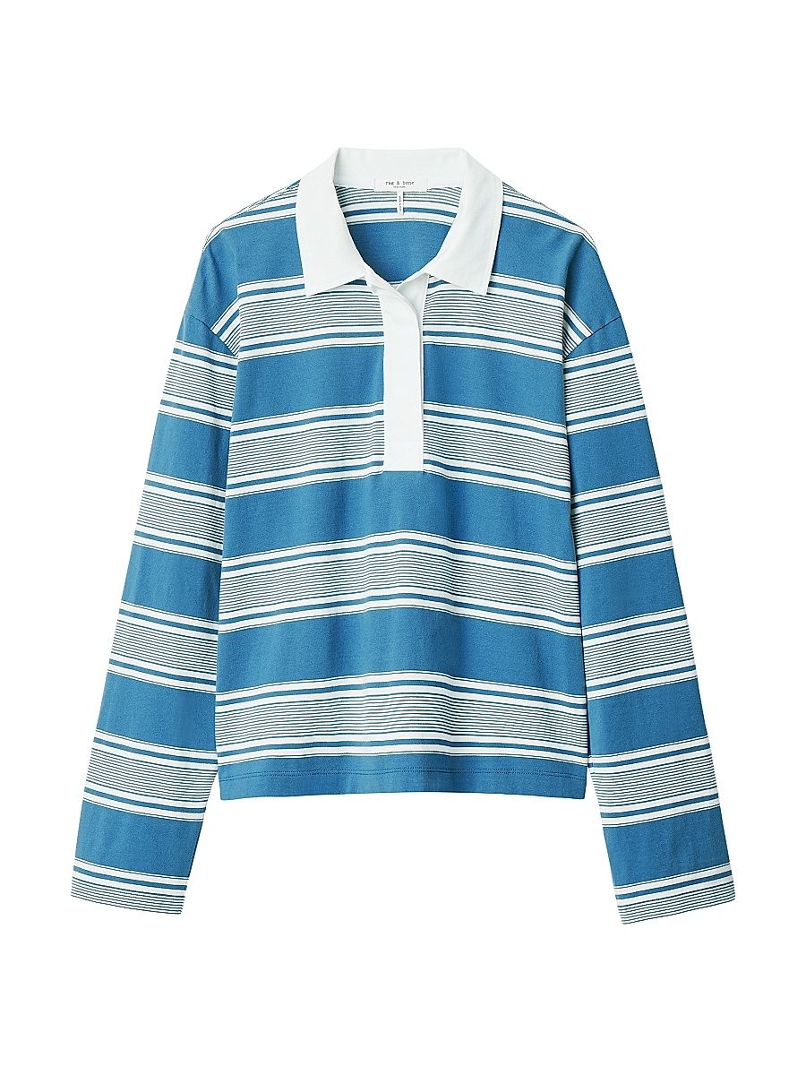 Women's Kelly Striped Cotton Long-Sleeve Polo Shirt - Blue Multi - Size XXS