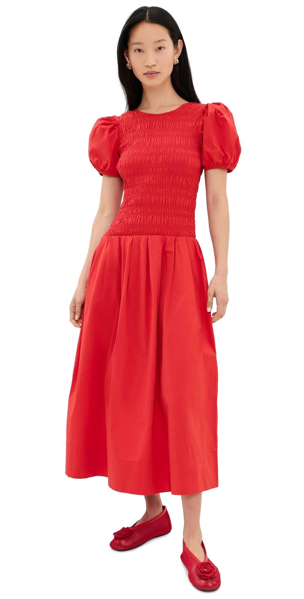 GANNI Smocked Cotton Pleated Dress Goji Berry 42