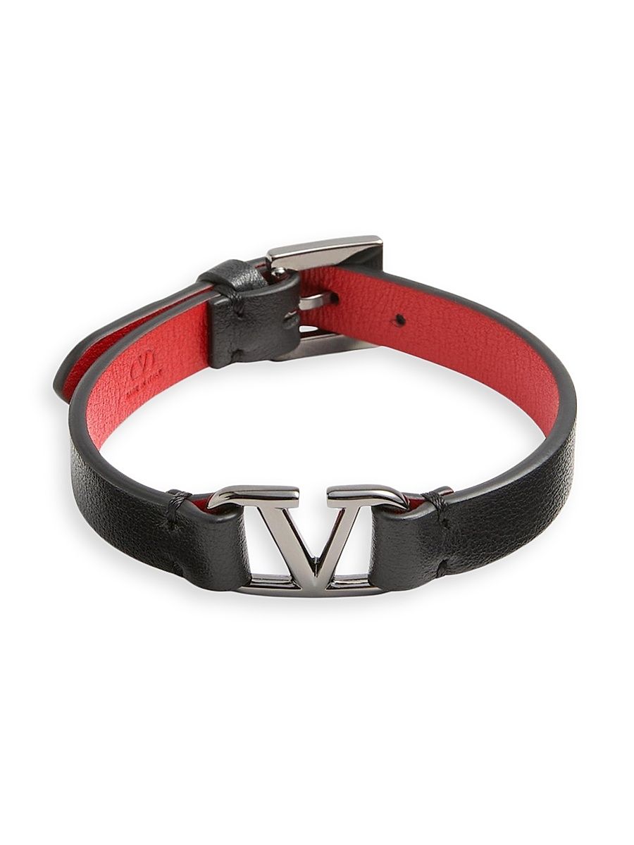 Men's V-Logo Signature Leather Bracelet - Black Pure Red