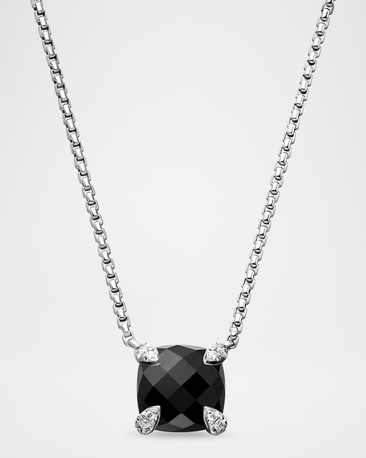 Chatelaine Cushion Pendant Necklace with Gemstone and Diamonds in Silver, 8mm, 16-18"L