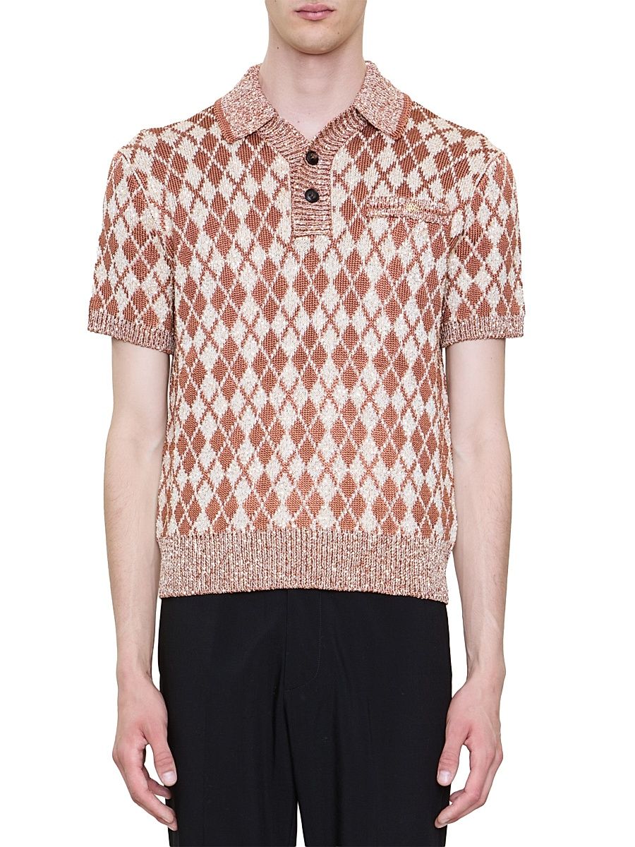 Men's Argyle Plaid Knitted Polo Shirt - Whisky - Size Small