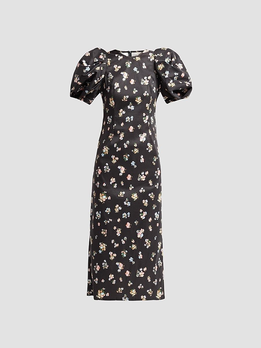Women's Anja Floral Taffeta Crewneck Midi-Dress - Midnight - Size 4