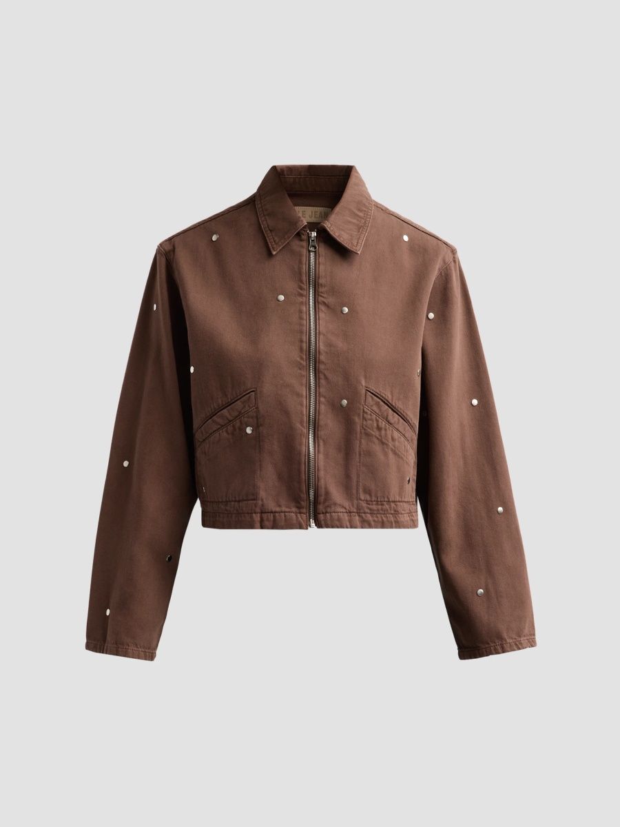 Le Jean Women's Studded Denim Jacket - Chocolate Brown - Size XXS