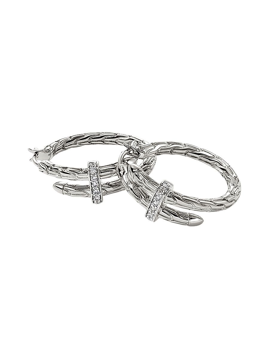 Women's Chain Classic Spear Sterling Silver & 0.12 TCW Diamond Hoop Earrings - Silver - Size 34 mm