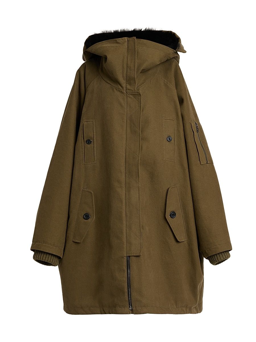 Women's Shearling-Trim Cotton Hooded Coat - Verde Marcio - Size 4