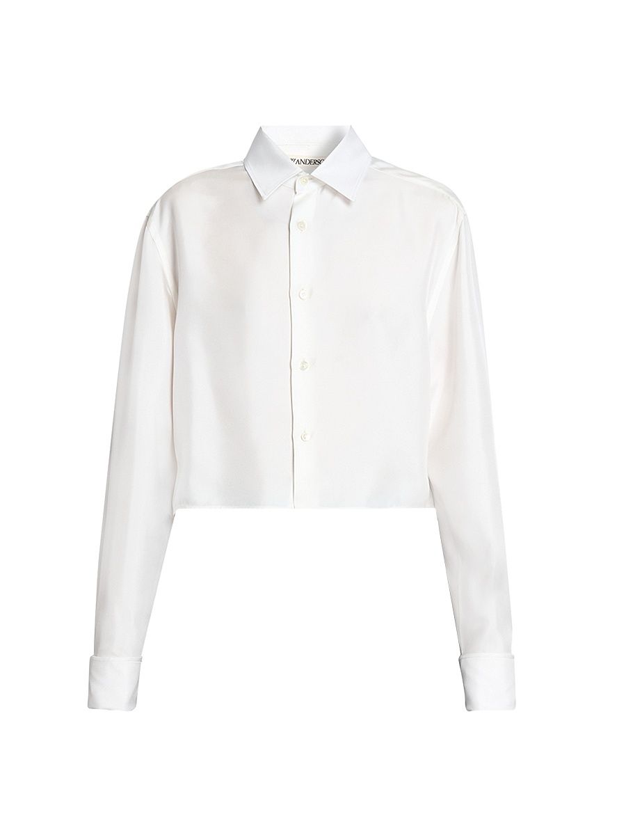 Women's Silk Cropped Button-Up Shirt - Off White - Size 10