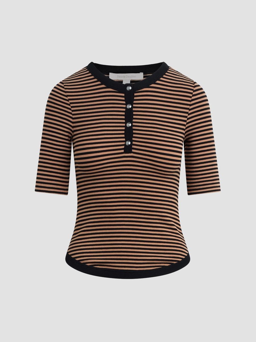 Favorite Daughter Women's Foundation Striped Fine-Rib Henley - Camel Black Stripe - Size XS