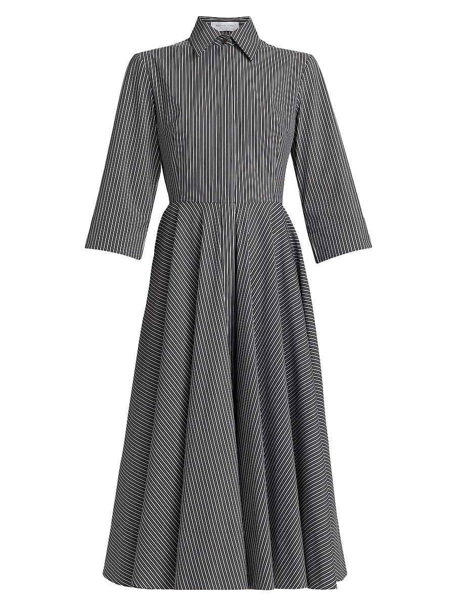 Women's Striped Cotton-Blend Belted Midi-Shirtdress - Black Optic White - Size 6